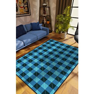 Ekose Desenli Halı Mavi Siyah Renk Salon Halısı Tasarım Halı Hasır Görünümlü Ekose Halı 80x120 cm