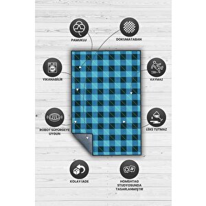 Homshtag Ekose Desenli Halı Mavi Siyah Renk Salon Halısı Tasarım Halı Hasır Görünümlü Ekose Halı