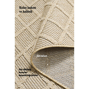 Boho Karo Desen Bej Elit Bukleli Sisal Halı Salon Oturma Odası Dış Mekan Halısı Dayanıklı