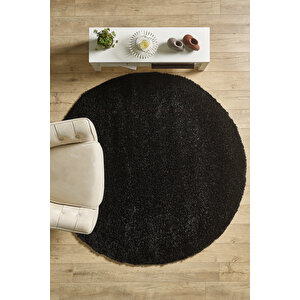Post Peluş Uzun Tüylü Siyah Shaggy Oturma Odası Salon Çocuk Odası Halısı Toz Vermez Yuvarlak 120x120 cm