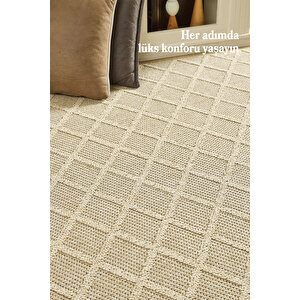 Boho Karo Desen Bej Elit Bukleli Sisal Halı Salon Oturma Odası Dış Mekan Halısı Dayanıklı 60x100 cm