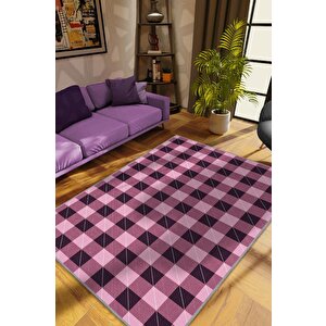 Ekose Desenli Halı Pembe Siyah Renk Salon Halısı Tasarım Halı Hasır Görünümlü Ekose Halı 200x300 cm