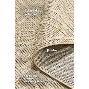 Boho Motifli Bej Elit Bukleli Sisal Halı Salon Oturma Odası Dış Mekan Halısı Dayanıklı