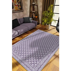 Etnik Desenli Mor Renkli Halı Vintage Bordürlü Halı Geometrik Desenli Dijital Baskı Halı 160x240 cm