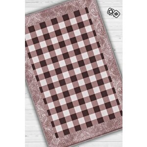 Ekose Desenli Pembe Kahve Renkli Halı Vintage Bordürlü Halı Hasır Görünümlü Damalı Halı 160x240 cm