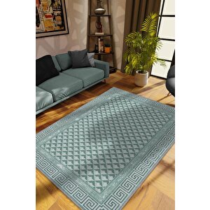 Etnik Desenli Yeşil Renkli Halı Vintage Bordürlü Halı Geometrik Desenli Dijital Baskı Halı 120x180 cm