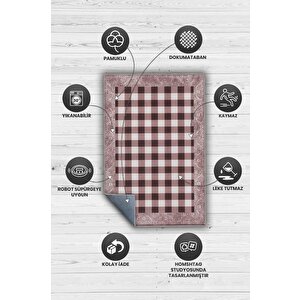Homshtag Ekose Desenli Pembe Kahve Renkli Halı Vintage Bordürlü Halı Hasır Görünümlü Damalı Halı