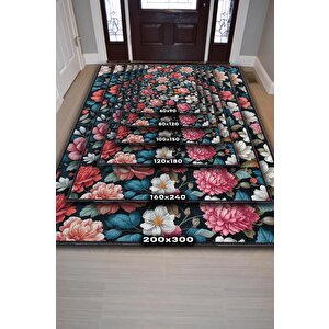 Homshtag Çiçek Vadisi Koyu Renk Halı Çiçekli Salon Halısı Modern Oturma Odası Halısı Şık Siyah Halı