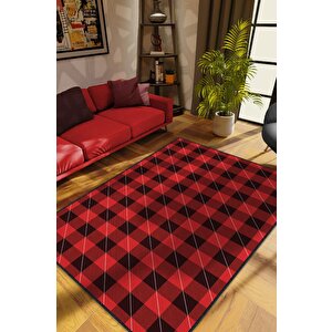 Ekose Desenli Halı Kırmızı Siyah Renk Salon Halısı Tasarım Halı Hasır Görünümlü Ekose Halı 200x300 cm