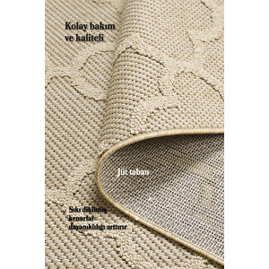 Boho Motifli Bej Elit Bukleli Sisal Halı Salon Oturma Odası Dış Mekan Halısı Dayanıklı