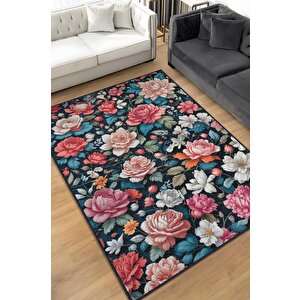 Çiçek Vadisi Koyu Renk Halı Çiçekli Salon Halısı Modern Oturma Odası Halısı Şık Siyah Halı 80x120 cm