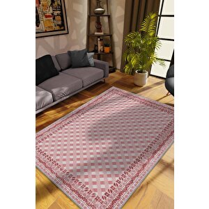 Homshtag Etnik Desenli Pembe Renkli Halı Vintage Bordürlü Halı Geometrik Desenli Dijital Baskı Halı