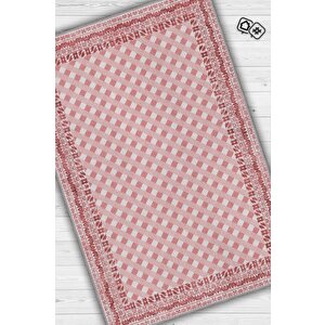 Homshtag Etnik Desenli Pembe Renkli Halı Vintage Bordürlü Halı Geometrik Desenli Dijital Baskı Halı
