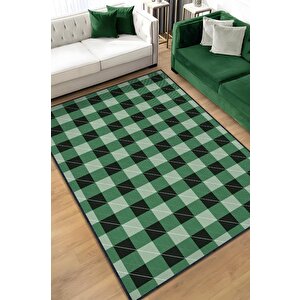 Ekose Desenli Halı Yeşil Renkli Salon Halısı Tasarım Baskı Halı Hasır Görünümlü Ekose Halı 80x120 cm