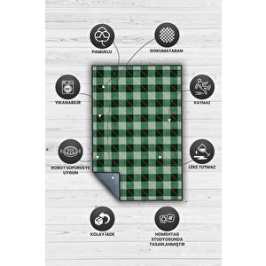 Homshtag Ekose Desenli Halı Yeşil Renkli Salon Halısı Tasarım Baskı Halı Hasır Görünümlü Ekose Halı