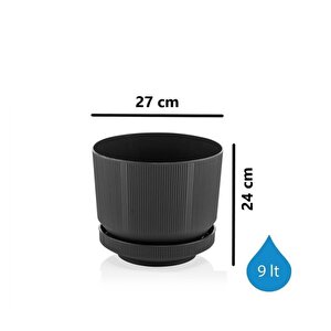 So-s284 Dekoratif Tabaklı Lüks Çizgi Desenli Saksı 9 Litre Antrasit