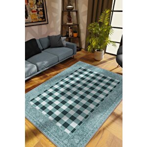 Ekose Desenli Mavi Renkli Halı Vintage Bordürlü Halı Hasır Görünümlü Damalı Halı 100x150 cm