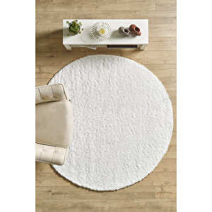 Post Peluş Uzun Tüylü Beyaz Shaggy Oturma Odası Salon Çocuk Odası Halısı Toz Vermez Yuvarlak 80x80 cm