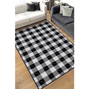 Ekose Desenli Halı Siyah Beyaz Renkli Salon Halısı Tasarım Halı Hasır Görünümlü Ekose Halı 200x300 cm