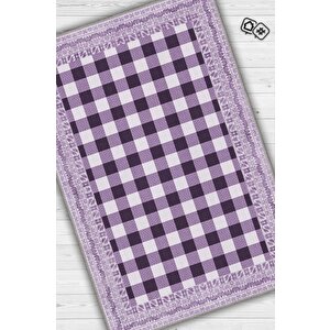 Homshtag Ekose Desenli Mor Renkli Halı Vintage Bordürlü Halı Hasır Görünümlü Damalı Halı
