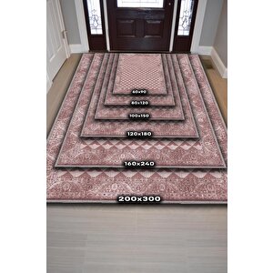 Homshtag Etnik Desenli Pembe Renkli Halı Vintage Bordürlü Halı Geometrik Desenli Dijital Baskı Halı