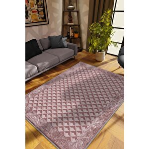 Etnik Desenli Pembe Renkli Halı Vintage Bordürlü Halı Geometrik Desenli Dijital Baskı Halı 120x180 cm
