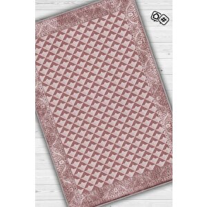 Etnik Desenli Pembe Renkli Halı Vintage Bordürlü Halı Geometrik Desenli Dijital Baskı Halı 100x150 cm