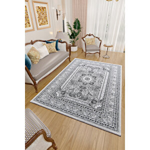 İran Tarzı Barok Süslemeli Gri Toz Vermez Oturma Odası Ve Salon Halısı Sık Dokuma 80x150 cm