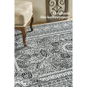 İran Tarzı Barok Süslemeli Gri Toz Vermez Oturma Odası Ve Salon Halısı Sık Dokuma 80x150 cm