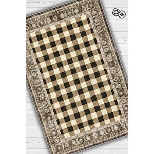 Ekose Desenli Halı Krem Kahve Renkli Halı Vintage Bordürlü Halı Hasır Görünümlü Damalı Halı 80x120 cm
