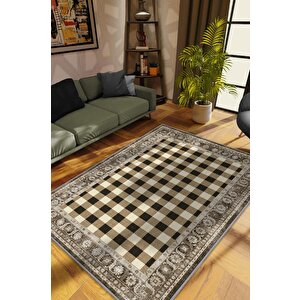 Ekose Desenli Halı Krem Kahve Renkli Halı Vintage Bordürlü Halı Hasır Görünümlü Damalı Halı 200x300 cm