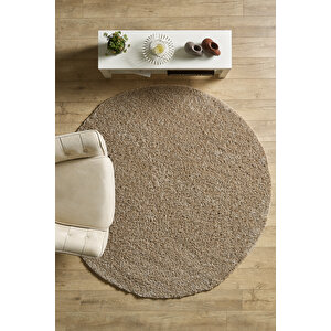 Modern Desenli Salon Halısı Bej Peluş Halı Yıkanabilir Post Halı Kaymaz Taban Halı Oval Halı 120x120 cm