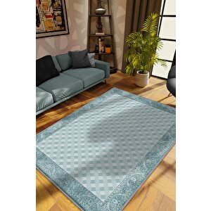 Etnik Desenli Mavi Renkli Halı Vintage Bordürlü Halı Geometrik Desenli Dijital Baskı Halı 80x120 cm