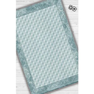 Homshtag Etnik Desenli Mavi Renkli Halı Vintage Bordürlü Halı Geometrik Desenli Dijital Baskı Halı