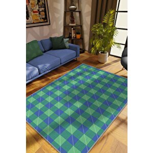 Ekose Desenli Halı Mavi Yeşil Renk Salon Halısı Tasarım Halı Hasır Görünümlü Ekose Halı 200x300 cm