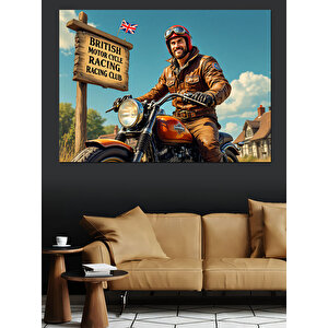 Retro Deri Ceketli Motosikletçi Dekoratif Kanvas - Mdf Ahşap Tablo
