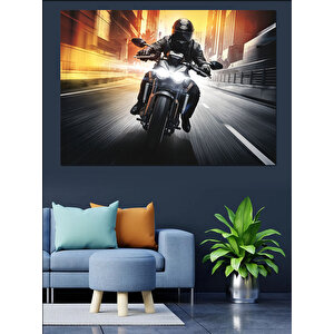 Gece Yarısı Hızlı Motosiklet Dekoratif Kanvas - Mdf Ahşap Tablo 100x140 cm