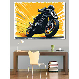 Sarı Motosiklet Yarış Sahnesi Dekoratif Kanvas - Mdf Ahşap Tablo 100x140 cm