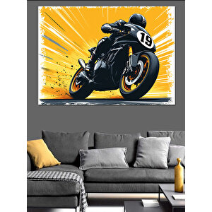 Sarı Motosiklet Yarış Sahnesi Dekoratif Kanvas - Mdf Ahşap Tablo 100x140 cm