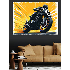 Sarı Motosiklet Yarış Sahnesi Dekoratif Kanvas - Mdf Ahşap Tablo 100x140 cm