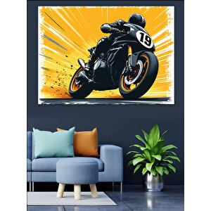 Sarı Motosiklet Yarış Sahnesi Dekoratif Kanvas - Mdf Ahşap Tablo