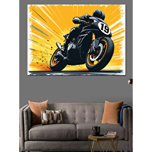 Sarı Motosiklet Yarış Sahnesi Dekoratif Kanvas - Mdf Ahşap Tablo