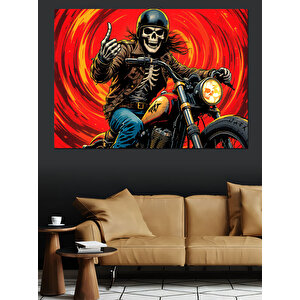 Motosikletli İskelet Alevler İçinde Dekoratif Kanvas - Mdf Ahşap Tablo 100x140 cm