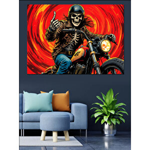 Motosikletli İskelet Alevler İçinde Dekoratif Kanvas - Mdf Ahşap Tablo 100x140 cm
