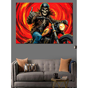 Motosikletli İskelet Alevler İçinde Dekoratif Kanvas - Mdf Ahşap Tablo 100x140 cm