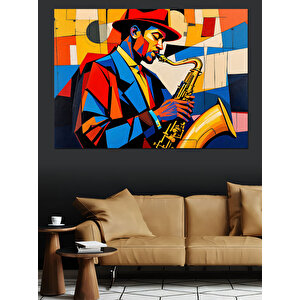 Renkli Caz Saksafoncu Dekoratif Kanvas - Mdf Ahşap Tablo 50x70 cm