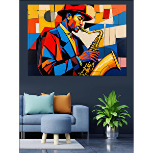 Renkli Caz Saksafoncu Dekoratif Kanvas - Mdf Ahşap Tablo 50x70 cm