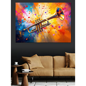Renkli Caz Trompeti Dekoratif Kanvas - Mdf Ahşap Tablo 50x70 cm