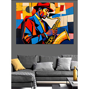 Renkli Caz Saksafoncu Dekoratif Kanvas - Mdf Ahşap Tablo 35x50 cm
