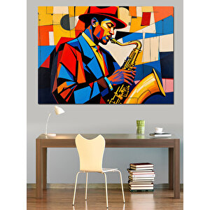 Renkli Caz Saksafoncu Dekoratif Kanvas - Mdf Ahşap Tablo